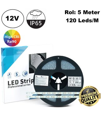 Premium Led Strip ROL 5 Meter 2835SMD, CRI90, 9,6w/m, 120 led/m, 816-864Lm/m, 12v, IP65HS, 10mm, 3 Jaar garantie