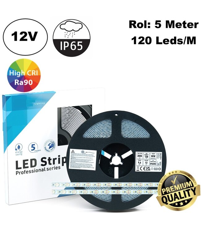 Premium Led Strip ROL 5 Meter 2835SMD, CRI90, 9,6w/m, 120 led/m, 816-864Lm/m, 12v, IP65HS, 10mm, 3 Jaar garantie