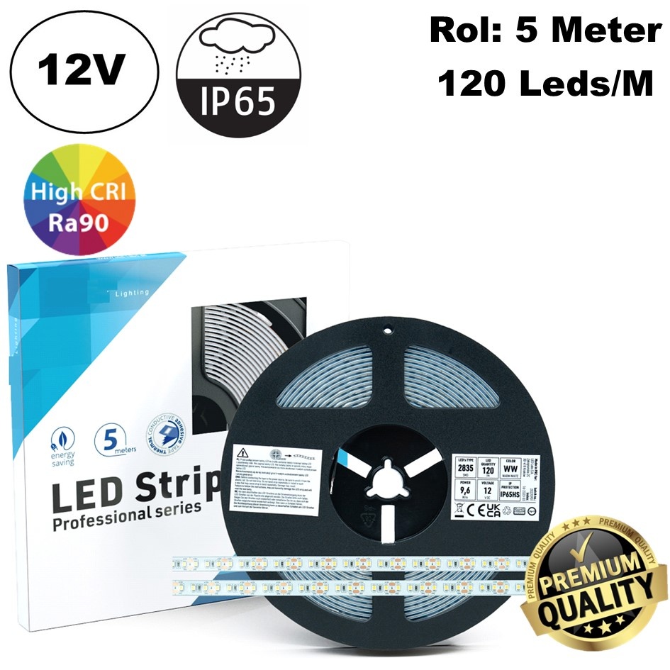 Premium Led Strip ROL 5 Meter 2835SMD, CRI90, 9,6w/m, 120 led/m, 816-864Lm/m, 12v, IP65HS, 10mm, 3 Jaar garantie, foto 2 van 6