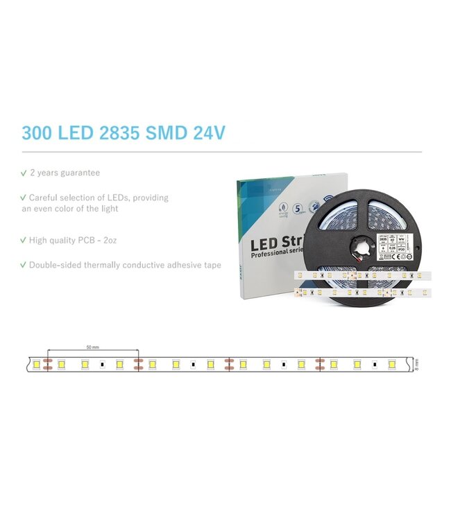 ECO Led Strip ROL 5 Meter 2835SMD, 6w/m, 60 led/m, 650-657Lm/m, 24v, IP20, 8mm, 2 Jaar garantie