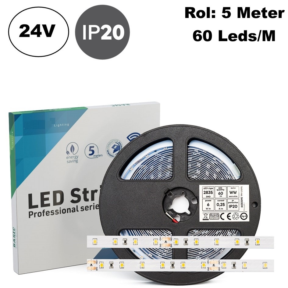 ECO Led Strip ROL 5 Meter 2835SMD, 6w/m, 60 led/m, 650-657Lm/m, 24v, IP20, 8mm, 2 Jaar garantie, foto 2 van 6