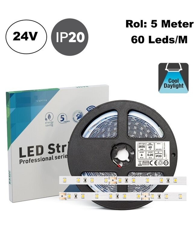 ECO Led Strip ROL 5 Meter 2835SMD, 6w/m, 60 led/m, 650-657Lm/m, 24v, IP20, 8mm, 2 Jaar garantie