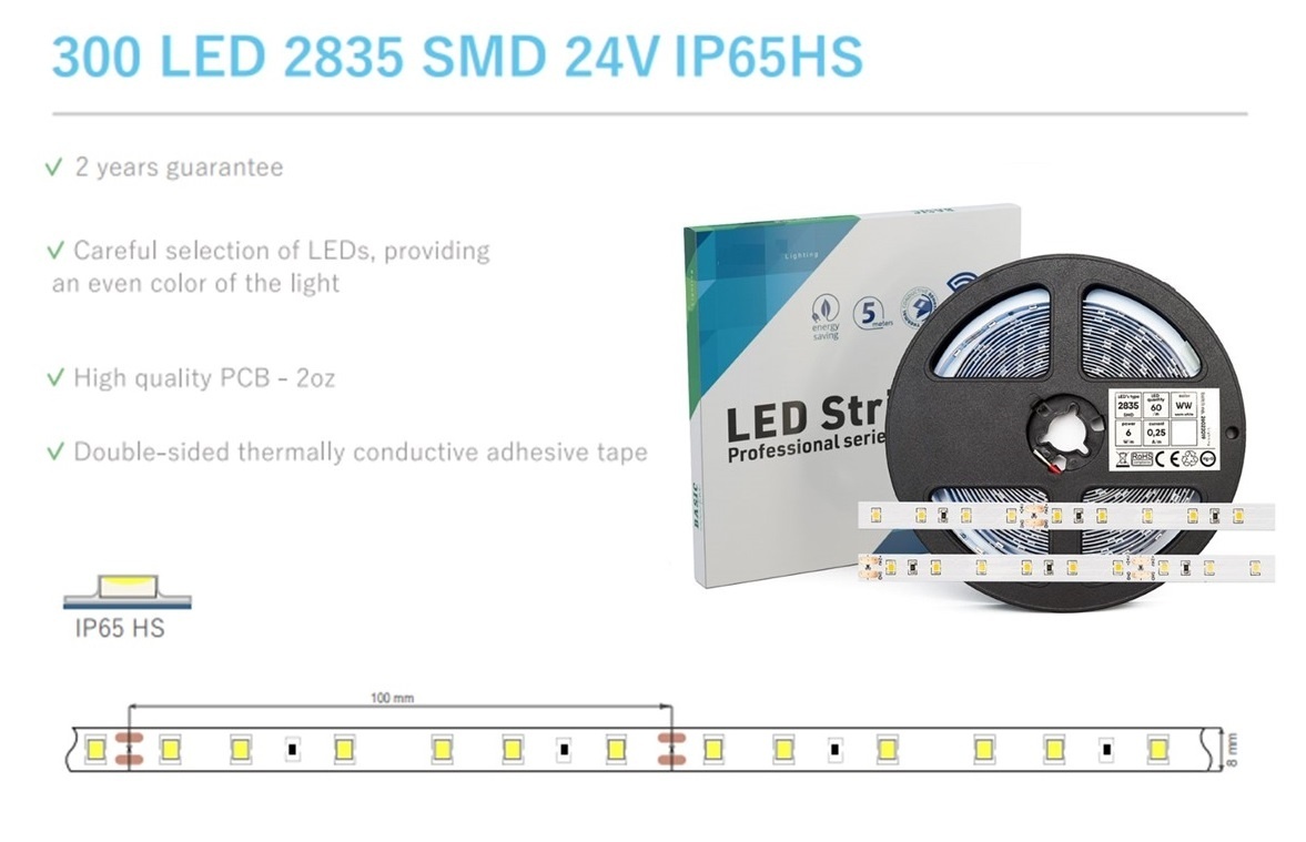 ECO Led Strip ROL 5 Meter 2835SMD, 6w/m, 60 led/m, 617-630Lm/m, 24v, IP65HS, 8mm, 2 Jaar garantie, foto 3 van 6