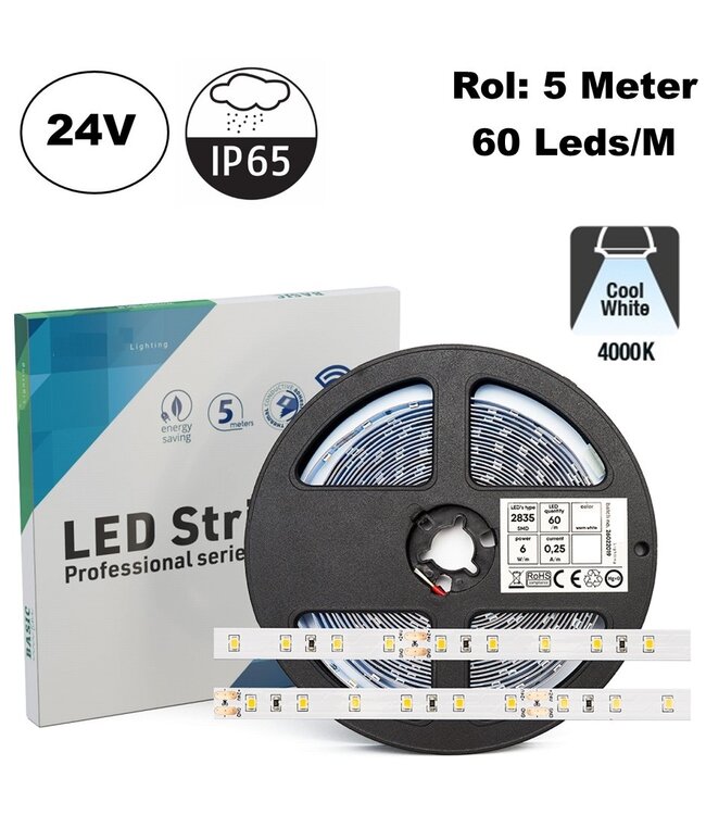 ECO Led Strip ROL 5 Meter 2835SMD, 6w/m, 60 led/m, 617-630Lm/m, 24v, IP65HS, 8mm, 2 Jaar garantie