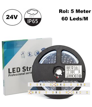 ECO Led Strip ROL 5 Meter 2835SMD, 6w/m, 60 led/m, 617-630Lm/m, 24v, IP65HS, 8mm, 2 Jaar garantie