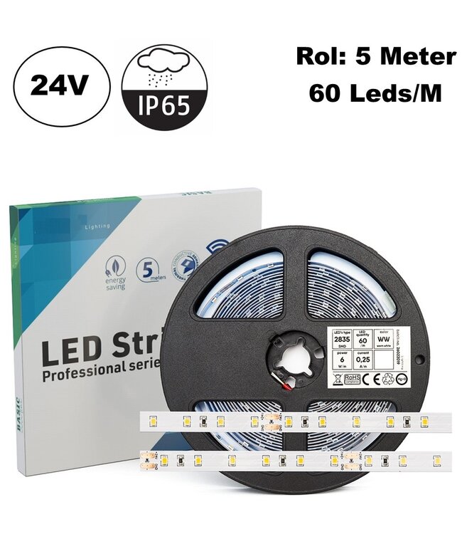 ECO Led Strip ROL 5 Meter 2835SMD, 6w/m, 60 led/m, 617-630Lm/m, 24v, IP65HS, 8mm, 2 Jaar garantie