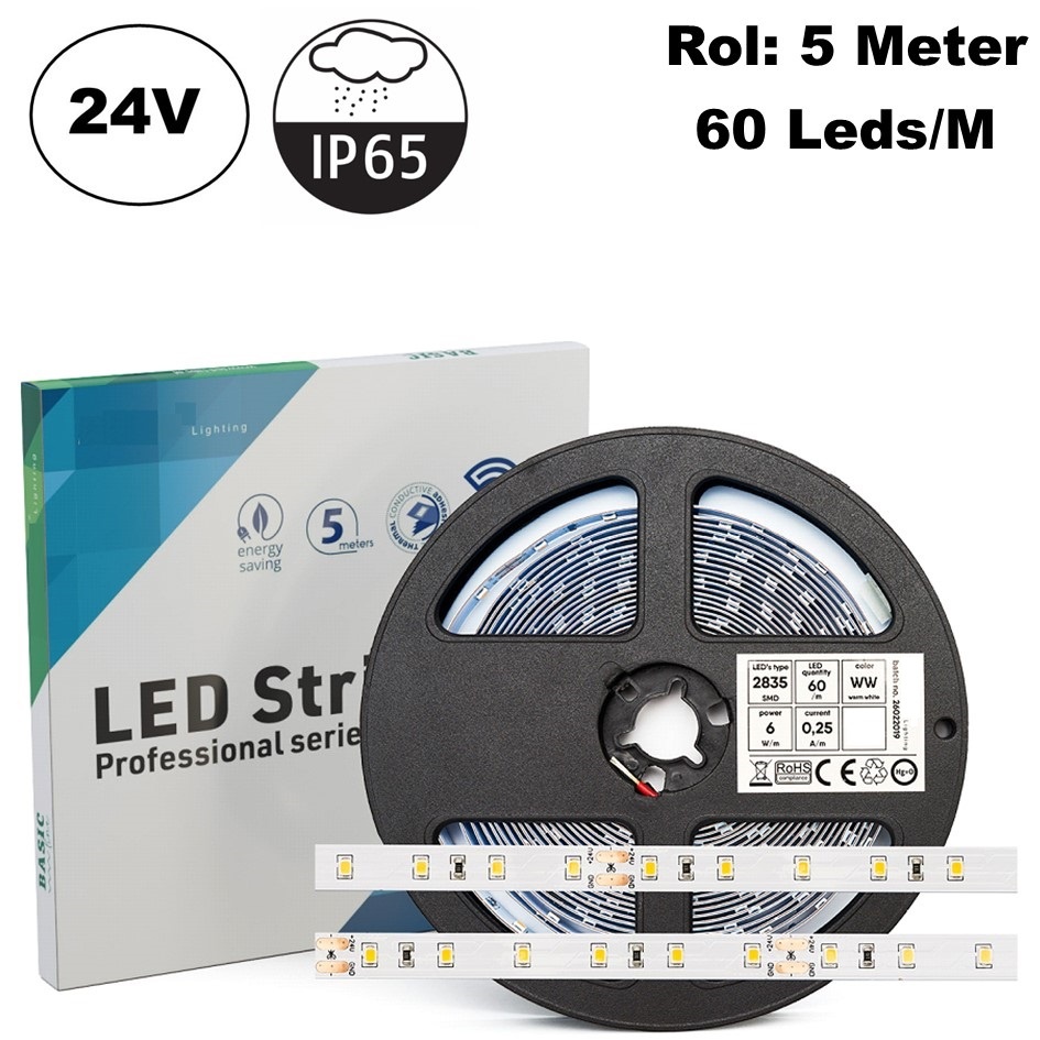 ECO Led Strip ROL 5 Meter 2835SMD, 6w/m, 60 led/m, 617-630Lm/m, 24v, IP65HS, 8mm, 2 Jaar garantie, foto 2 van 6