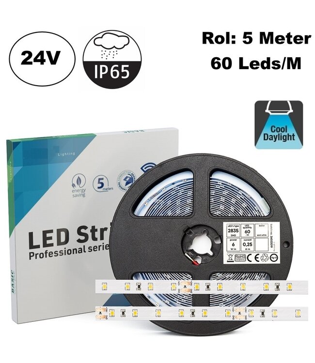 ECO Led Strip ROL 5 Meter 2835SMD, 6w/m, 60 led/m, 617-630Lm/m, 24v, IP65HS, 8mm, 2 Jaar garantie