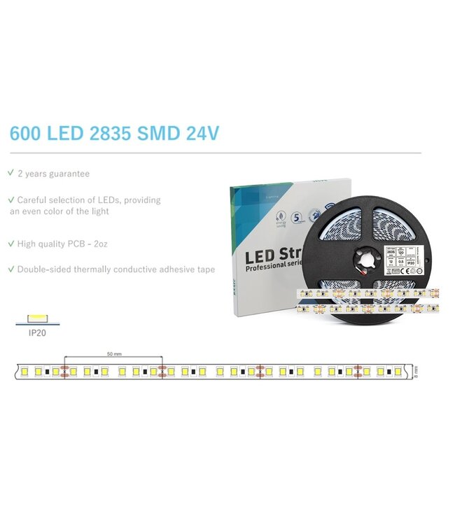 ECO Led Strip ROL 5 Meter 2835SMD, 12w/m, 120 led/m, 1269-1350Lm/m, 24v, IP20, 8mm, 2 Jaar garantie