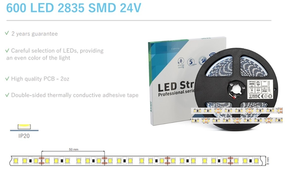 ECO Led Strip ROL 5 Meter 2835SMD, 12w/m, 120 led/m, 1269-1350Lm/m, 24v, IP20, 8mm, 2 Jaar garantie, foto 3 van 6