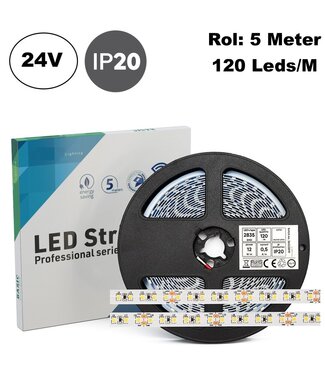 ECO Led Strip ROL 5 Meter 2835SMD, 12w/m, 120 led/m, 1269-1350Lm/m, 24v, IP20, 8mm, 2 Jaar garantie