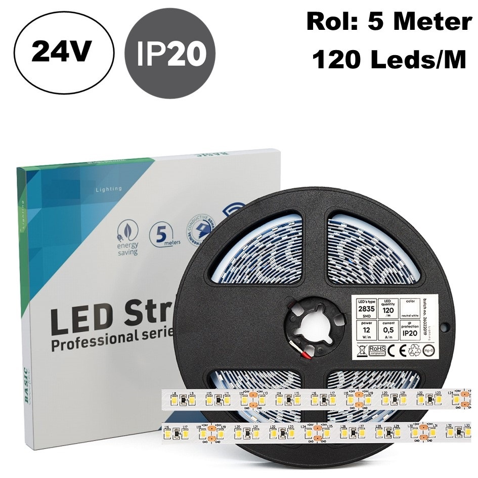 ECO Led Strip ROL 5 Meter 2835SMD, 12w/m, 120 led/m, 1269-1350Lm/m, 24v, IP20, 8mm, 2 Jaar garantie, foto 2 van 6