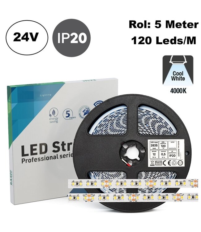 ECO Led Strip ROL 5 Meter 2835SMD, 12w/m, 120 led/m, 1269-1350Lm/m, 24v, IP20, 8mm, 2 Jaar garantie