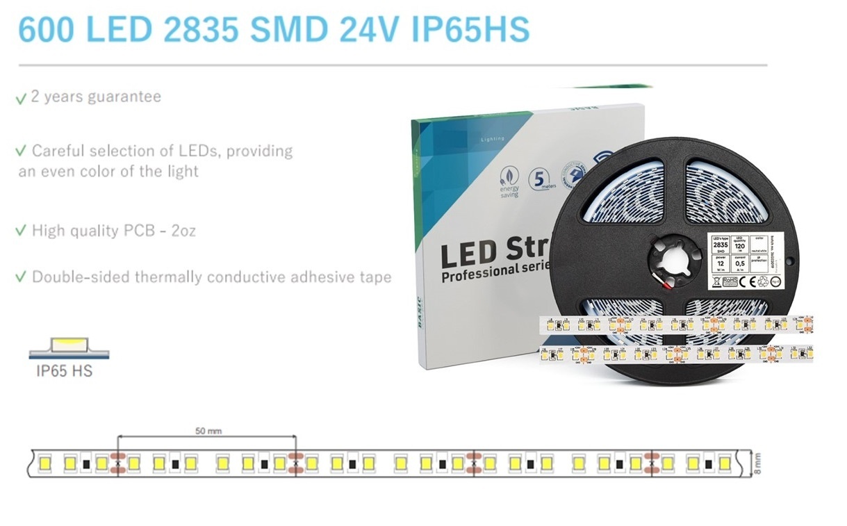 ECO Led Strip ROL 5 Meter 2835SMD, 12w/m, 120 led/m, 1300Lm/m, 24v, IP65HS, 8mm, 2 Jaar garantie, foto 6 van 6
