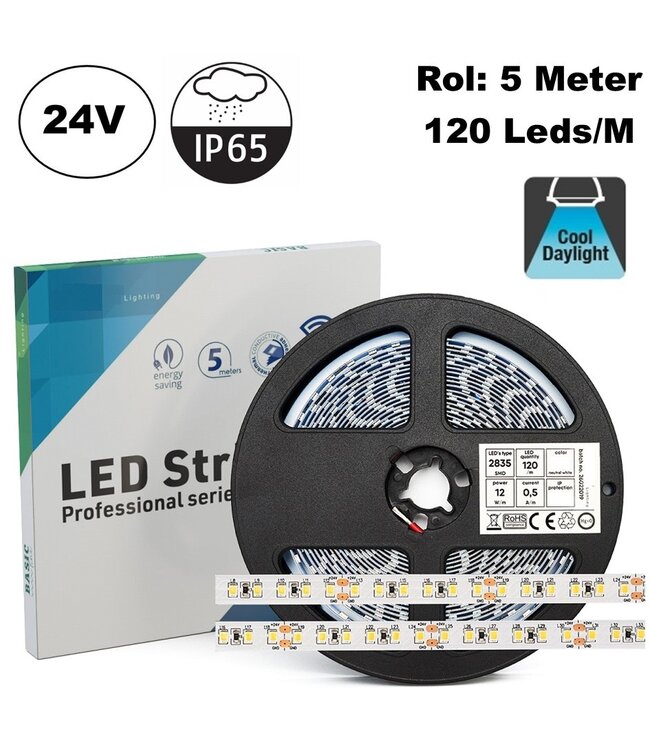 ECO Led Strip ROL 5 Meter 2835SMD, 12w/m, 120 led/m, 1300Lm/m, 24v, IP65HS, 8mm, 2 Jaar garantie