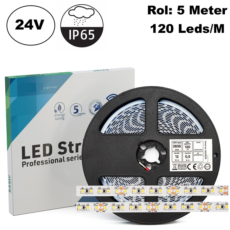 ECO Led Strip ROL 5 Meter 2835SMD, 12w/m, 120 led/m, 1300Lm/m, 24v, IP65HS, 8mm, 2 Jaar garantie, foto 2 van 6