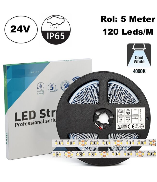 ECO Led Strip ROL 5 Meter 2835SMD, 12w/m, 120 led/m, 1300Lm/m, 24v, IP65HS, 8mm, 2 Jaar garantie