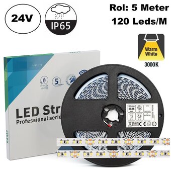 ECO Led Strip ROL 5 Meter 2835SMD, 12w/m, 120 led/m, 1300Lm/m, 24v, IP65HS, 8mm, 2 Jaar garantie