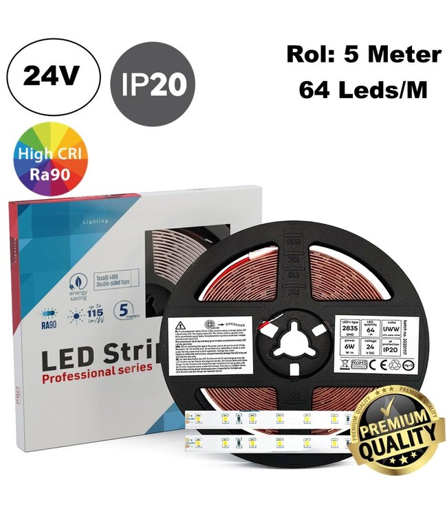 Premium Led Strip ROL 5 Meter 2835SMD, CRI90, 6w/m, 64 led/m, 660-720Lm/m, 24v, IP20, 10mm, 3 Jaar garantie