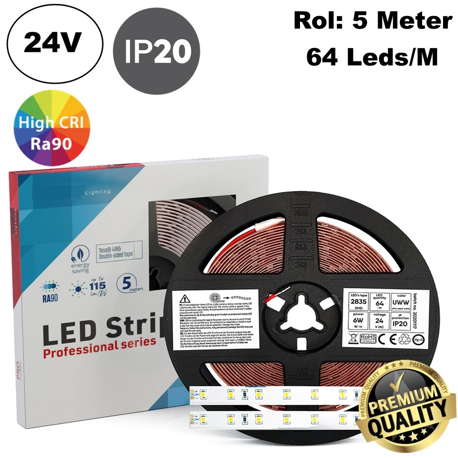 Premium Led Strip ROL 5 Meter 2835SMD, CRI90, 6w/m, 64 led/m, 660-720Lm/m, 24v, IP20, 10mm, 3 Jaar garantie, foto 2 van 6