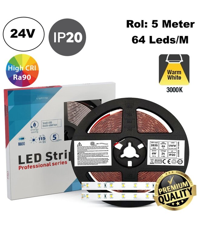 Premium Led Strip ROL 5 Meter 2835SMD, CRI90, 6w/m, 64 led/m, 660-720Lm/m, 24v, IP20, 10mm, 3 Jaar garantie