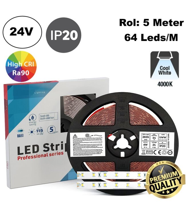 Premium Led Strip ROL 5 Meter 2835SMD, CRI90, 6w/m, 64 led/m, 660-720Lm/m, 24v, IP20, 10mm, 3 Jaar garantie