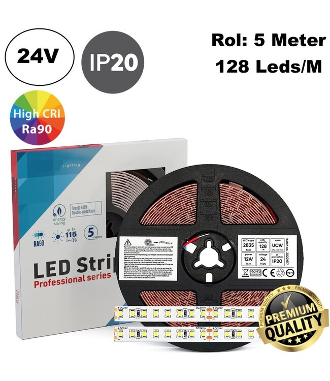 Premium Led Strip ROL 5 Meter 2835SMD, CRI90, 12w/m, 128 led/m, 1320-1440Lm/m, 24v, IP20, 10mm, 3 Jaar garantie