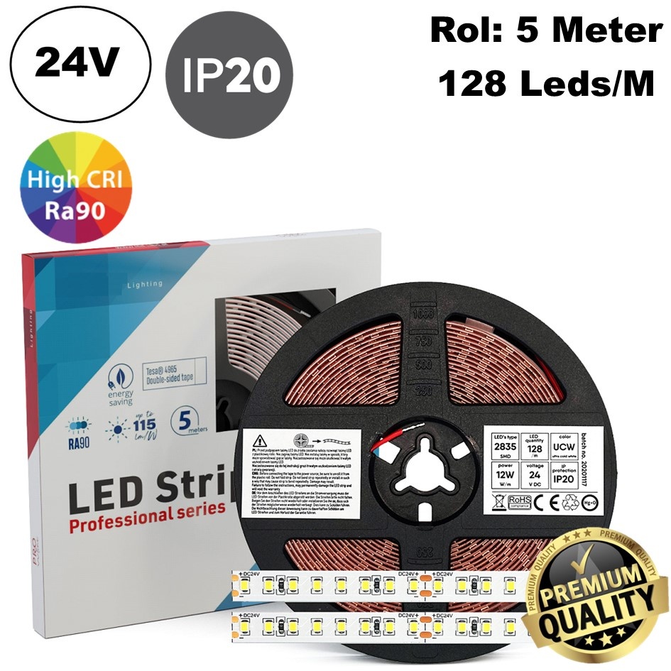 Premium Led Strip ROL 5 Meter 2835SMD, CRI90, 12w/m, 128 led/m, 1320-1440Lm/m, 24v, IP20, 10mm, 3 Jaar garantie, foto 2 van 6
