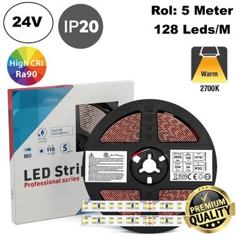 Premium Led Strip ROL 5 Meter 2835SMD, CRI90, 12w/m, 128 led/m, 1320-1440Lm/m, 24v, IP20, 10mm, 3 Jaar garantie