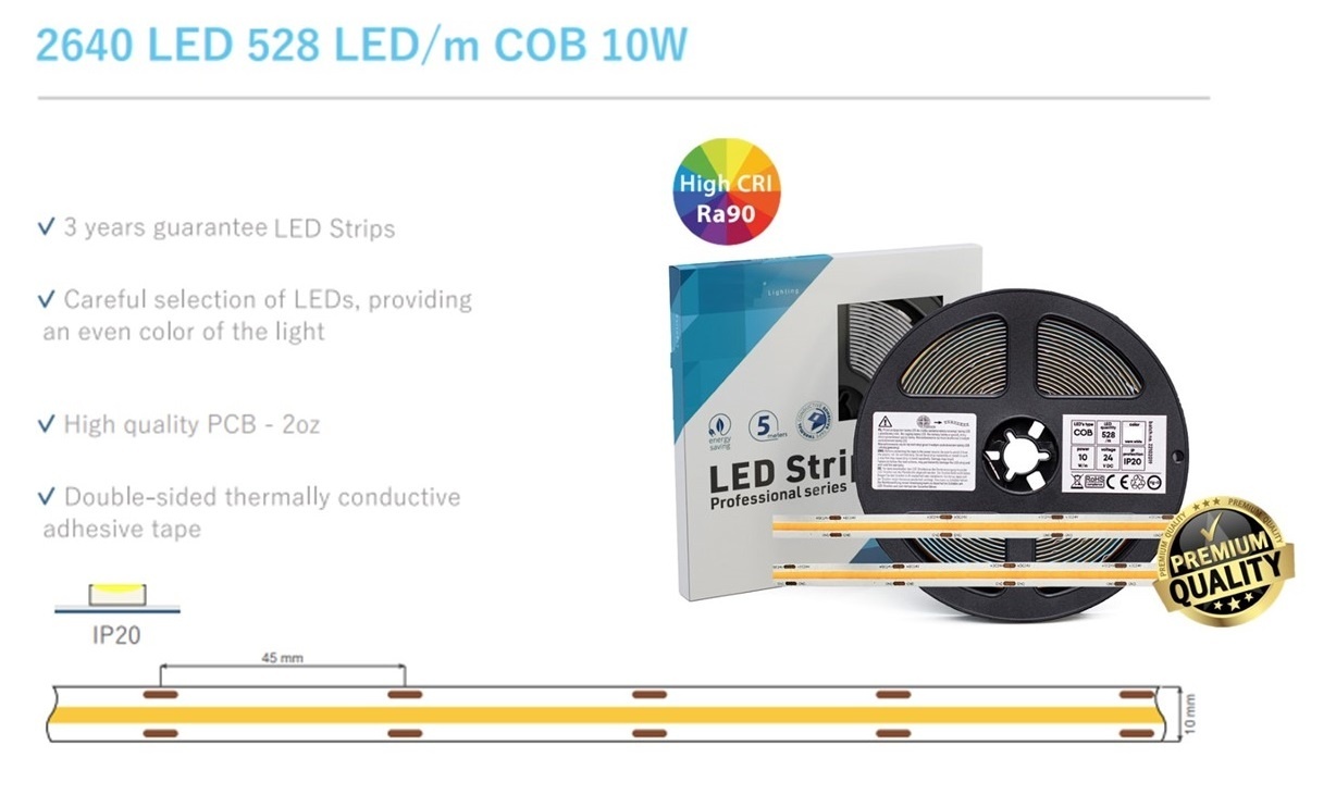 Premium Led Strip ROL 5 Meter COB, CRI90, 10w/m, 528 led/m, 850-950Lm/m, 24v, IP20, 10mm, 3 Jaar garantie, foto 6 van 6