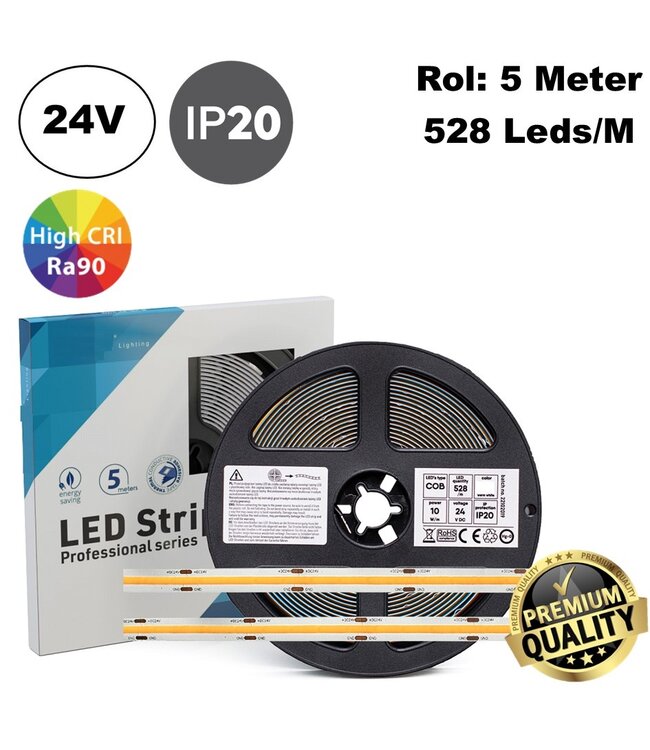 Premium Led Strip ROL 5 Meter COB, CRI90, 10w/m, 528 led/m, 850-950Lm/m, 24v, IP20, 10mm, 3 Jaar garantie