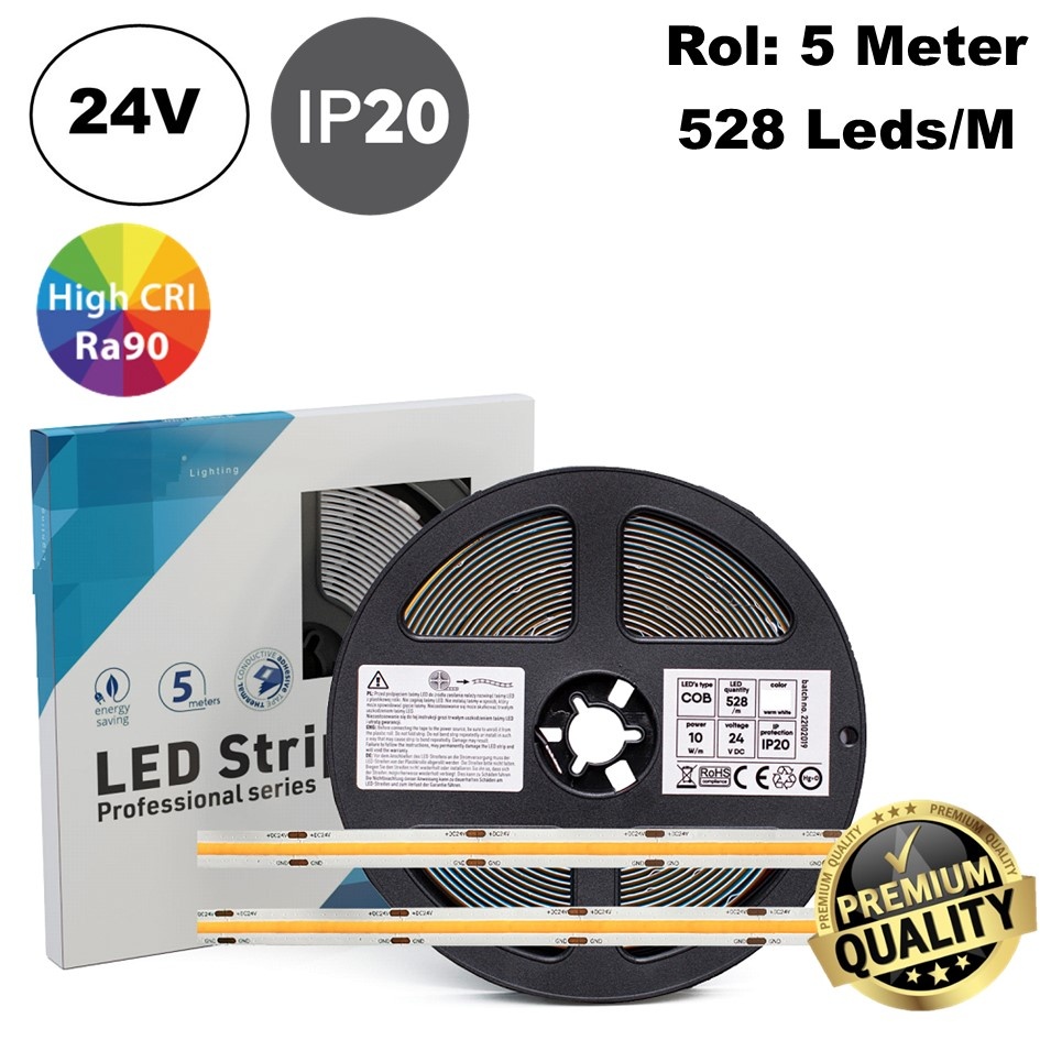Premium Led Strip ROL 5 Meter COB, CRI90, 10w/m, 528 led/m, 850-950Lm/m, 24v, IP20, 10mm, 3 Jaar garantie, foto 2 van 6