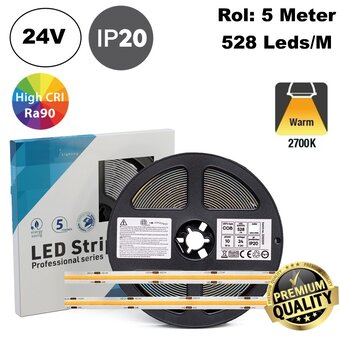 Premium Led Strip ROL 5 Meter COB, CRI90, 10w/m, 528 led/m, 850-950Lm/m, 24v, IP20, 10mm, 3 Jaar garantie