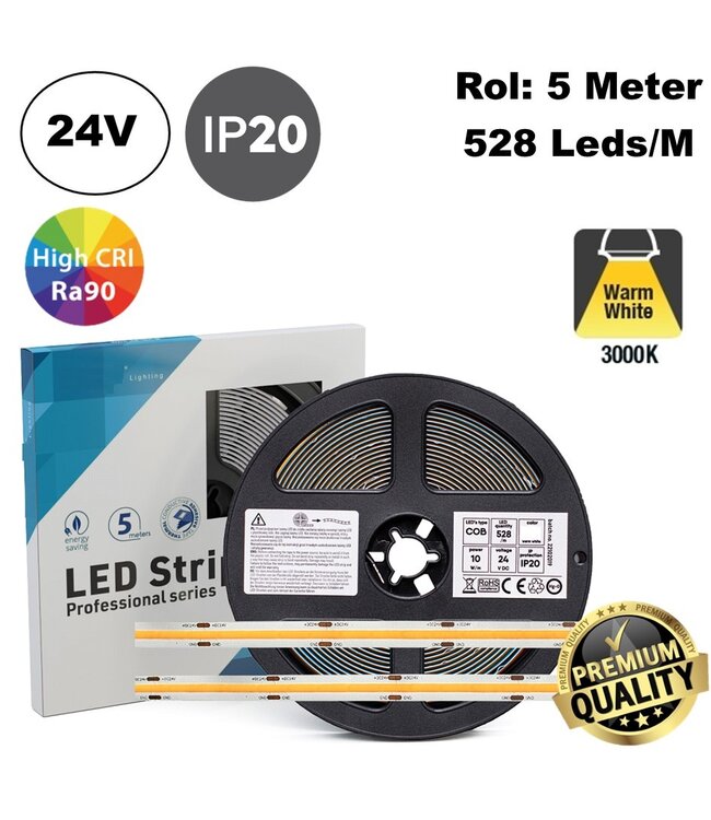 Premium Led Strip ROL 5 Meter COB, CRI90, 10w/m, 528 led/m, 850-950Lm/m, 24v, IP20, 10mm, 3 Jaar garantie