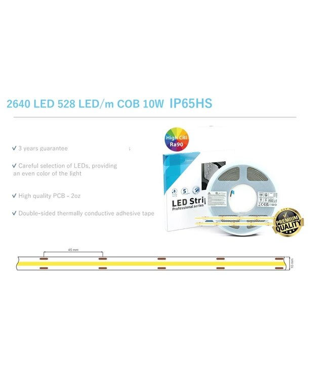Premium Led Strip ROL 5 Meter COB, CRI90, 10w/m, 528 led/m, 800-900Lm/m, 24v, IP65, 10mm, 3 Jaar garantie