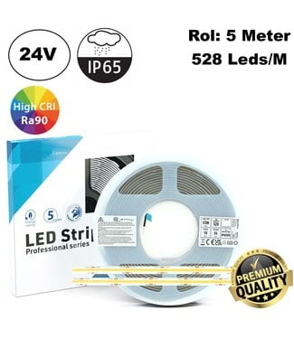 Premium Led Strip ROL 5 Meter COB, CRI90, 10w/m, 528 led/m, 800-900Lm/m, 24v, IP65, 10mm, 3 Jaar garantie