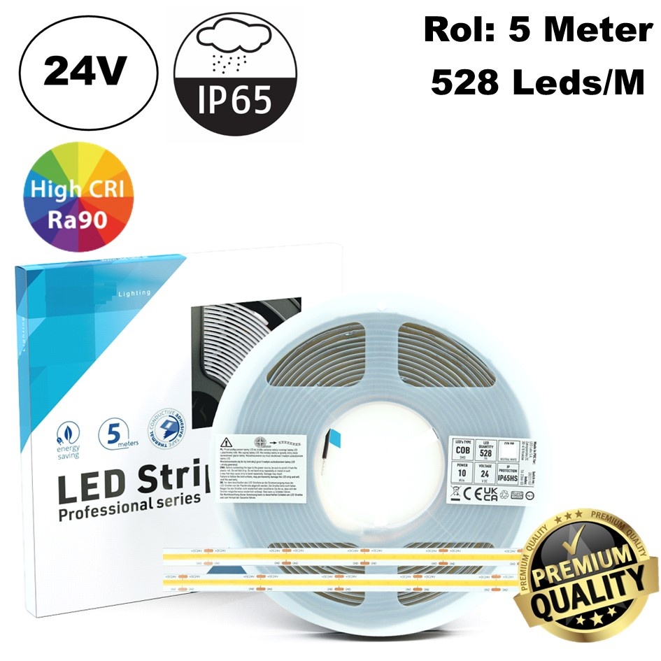 Premium Led Strip ROL 5 Meter COB, CRI90, 10w/m, 528 led/m, 800-900Lm/m, 24v, IP65, 10mm, 3 Jaar garantie, foto 2 van 6