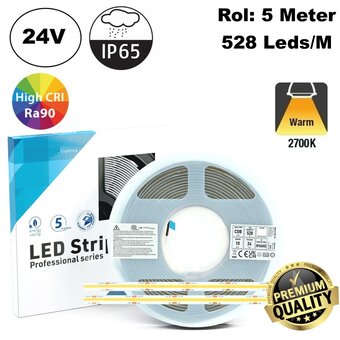 Premium Led Strip ROL 5 Meter COB, CRI90, 10w/m, 528 led/m, 800-900Lm/m, 24v, IP65, 10mm, 3 Jaar garantie