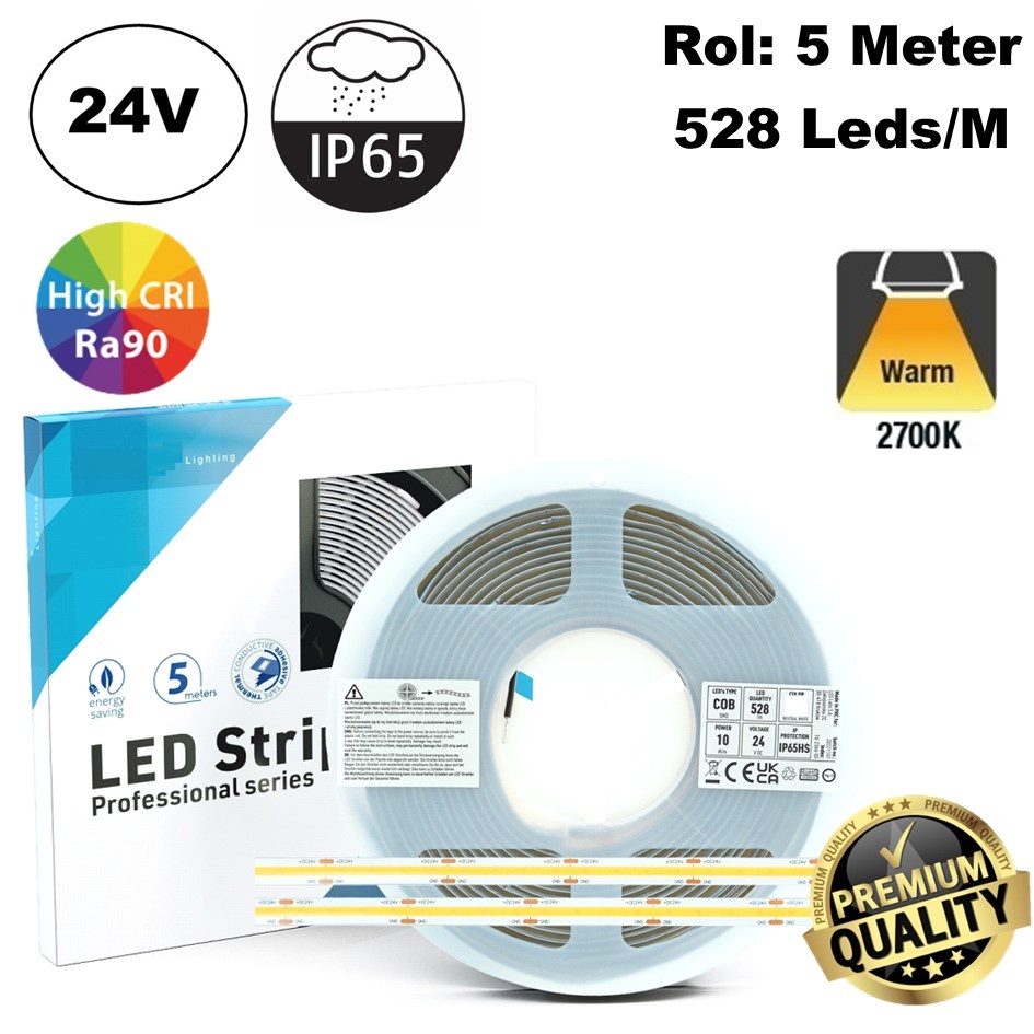 Premium Led Strip ROL 5 Meter COB, CRI90, 10w/m, 528 led/m, 800-900Lm/m, 24v, IP65, 10mm, 3 Jaar garantie