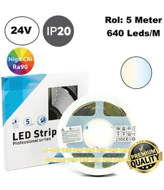 Premium Led Strip COB CCT ROL 5 Meter, 16w/m, 640 led/m, 720Lm/m, CCT (3000K tot 6500K), 24v, IP20, CRI90, 10mm, 3 Jaar garantie