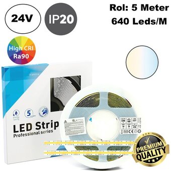 Premium Led Strip COB CCT ROL 5 Meter, 16w/m, 640 led/m, 720Lm/m, CCT (3000K tot 6500K), 24v, IP20, CRI90, 10mm, 3 Jaar garantie