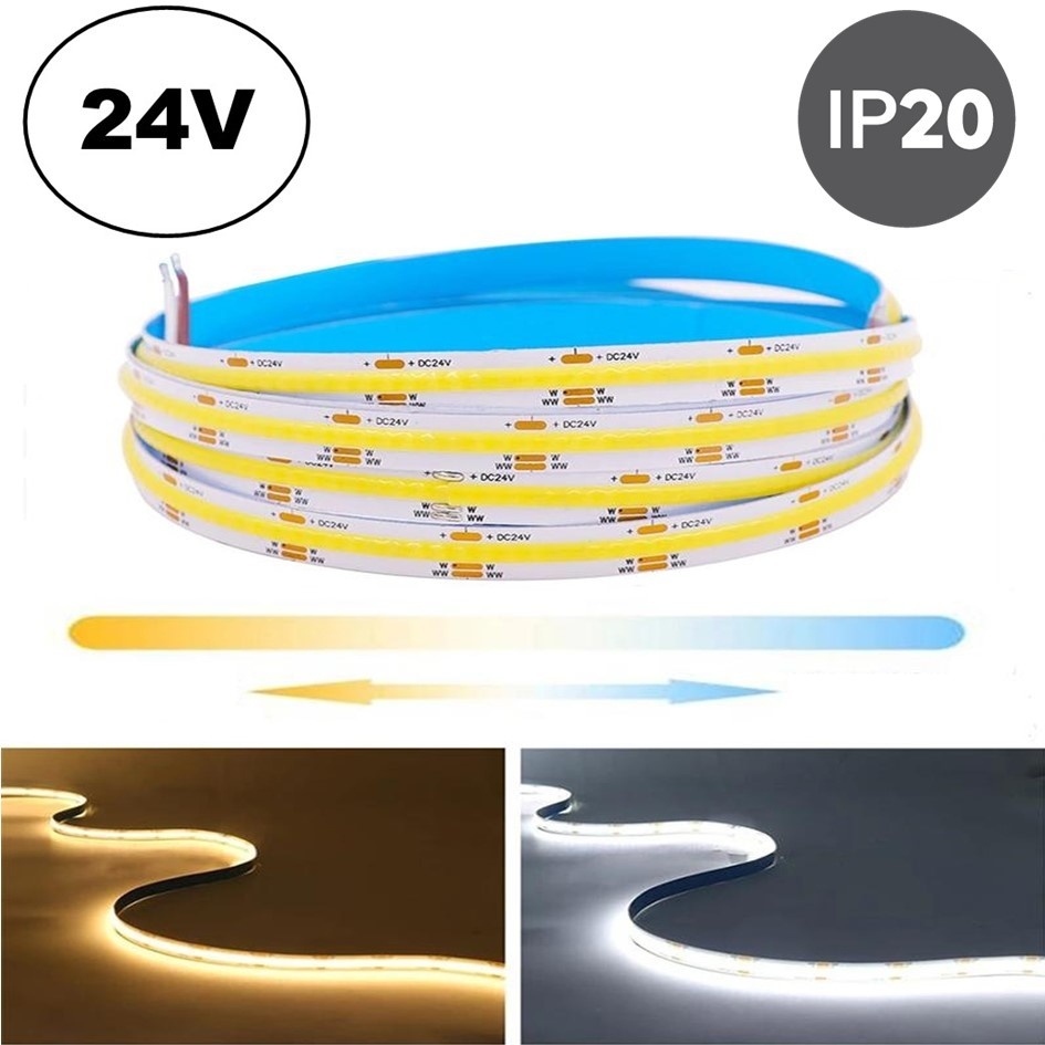 Premium Led Strip COB CCT ROL 5 Meter, 16w/m, 640 led/m, 720Lm/m, CCT (3000K tot 6500K), 24v, IP20, CRI90, 10mm, 3 Jaar garantie, foto 2 van 6