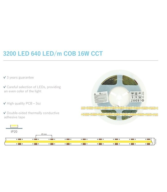 Premium Led Strip COB CCT ROL 5 Meter, 16w/m, 640 led/m, 720Lm/m, CCT (3000K tot 6500K), 24v, IP20, CRI90, 10mm, 3 Jaar garantie