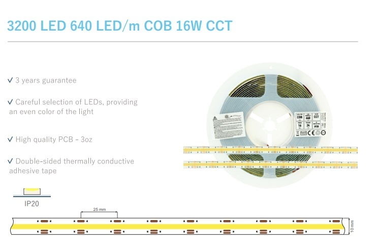 Premium Led Strip COB CCT ROL 5 Meter, 16w/m, 640 led/m, 720Lm/m, CCT (3000K tot 6500K), 24v, IP20, CRI90, 10mm, 3 Jaar garantie, foto 6 van 6
