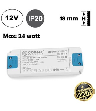 Cobalt Premium Led Strip voeding 12V/30W/2,5A, Max: 24w, Afm:160x58x18 mm, 3 Jaar Garantie