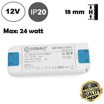 Cobalt Premium Led Strip voeding 12V/30W/2,5A, Max: 24w, Afm:160x58x18 mm, 3 Jaar Garantie