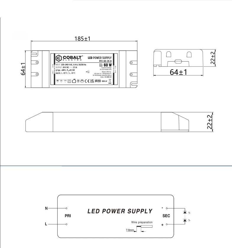 Cobalt Premium Led Strip voeding 12V/60W/5A, Max: 48w, Afm:185x64x22 mm. 3 Jaar Garantie, foto 2 van 5