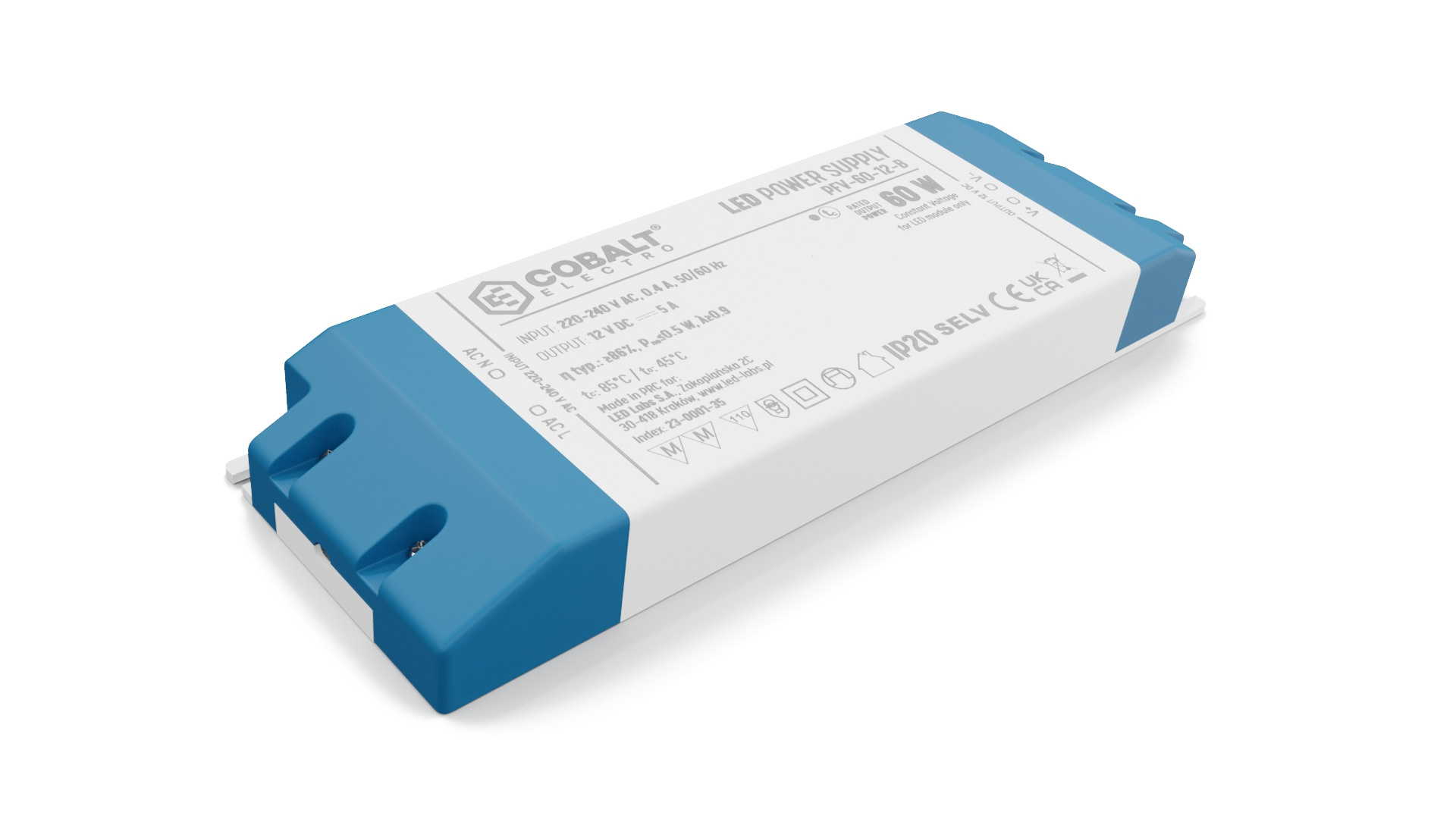 Cobalt Premium Led Strip voeding 12V/60W/5A, Max: 48w, Afm:185x64x22 mm. 3 Jaar Garantie, foto 3 van 5