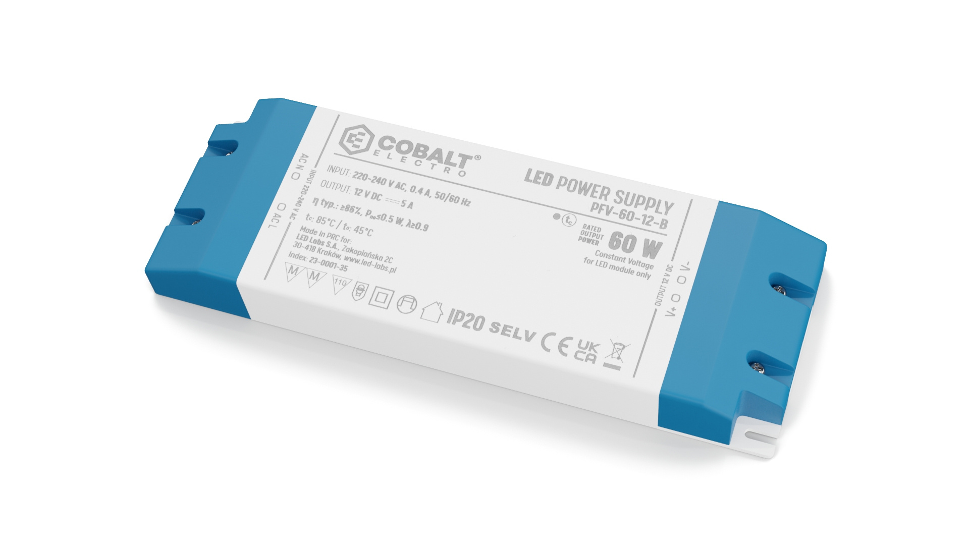 Cobalt Premium Led Strip voeding 12V/60W/5A, Max: 48w, Afm:185x64x22 mm. 3 Jaar Garantie, foto 4 van 5