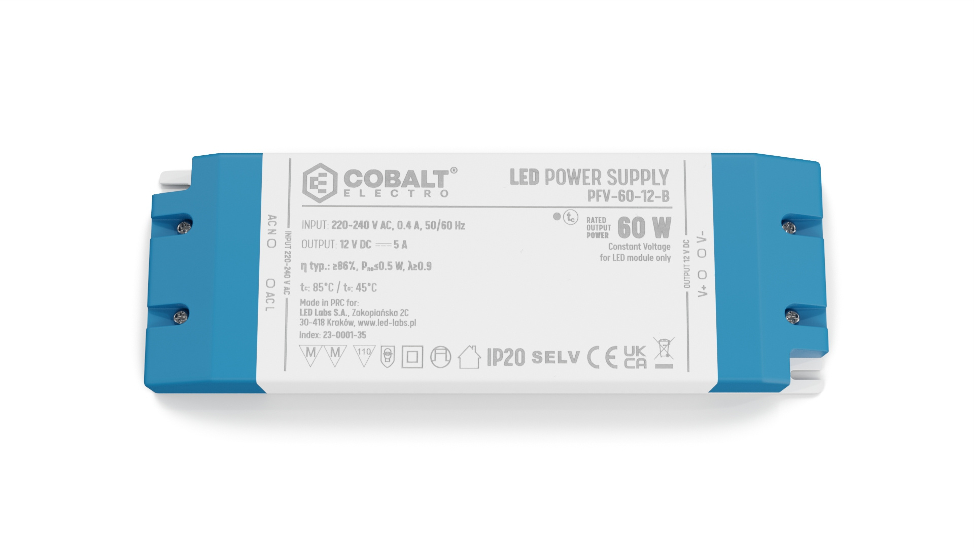 Cobalt Premium Led Strip voeding 12V/60W/5A, Max: 48w, Afm:185x64x22 mm. 3 Jaar Garantie, foto 5 van 5